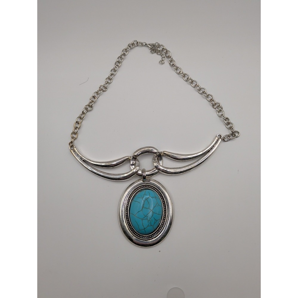 Vtg Silver Tone Faux Turquoise Southwestern Style Large Pendant Necklace